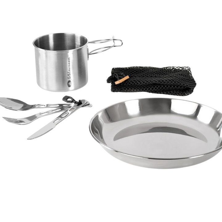 GSI Outdoors Glacier Stainless 1 Person Set | 20 oz Bottle Cup | 8.5 in Plate | 3 pc Cutlery