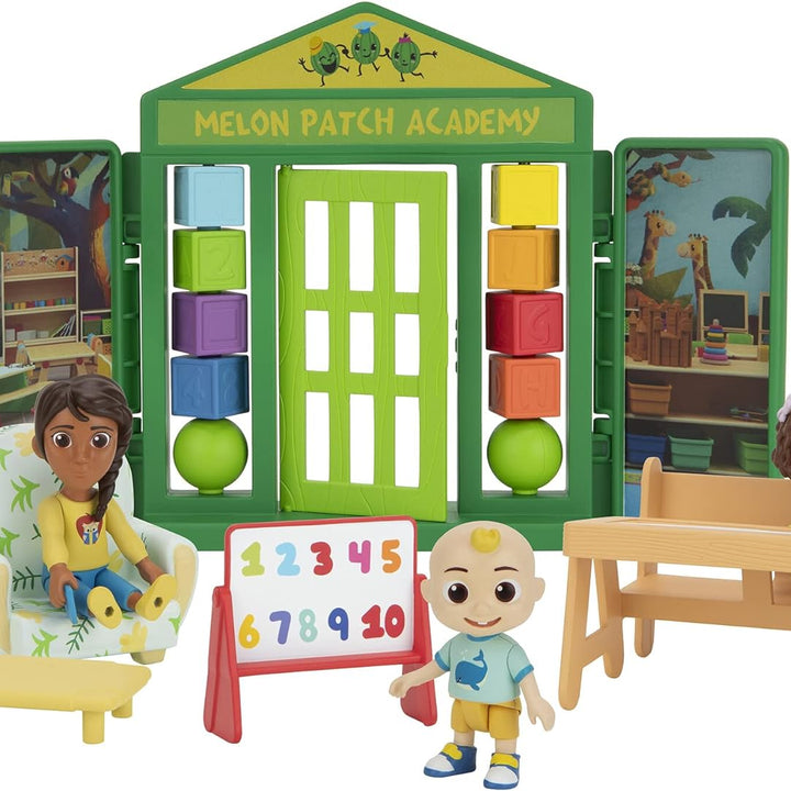 CoComelon School Time Deluxe Playtime Set - JJ, Bella, Ms. Appleberry The Teacher and 5 Accessories (Table, Cot, Armchair, Easel, Walls) - Toys for Kids, Toddlers, and Preschoolers