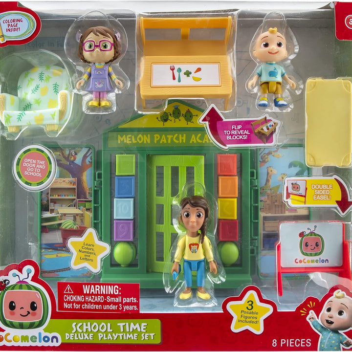 CoComelon School Time Deluxe Playtime Set - JJ, Bella, Ms. Appleberry The Teacher and 5 Accessories (Table, Cot, Armchair, Easel, Walls) - Toys for Kids, Toddlers, and Preschoolers