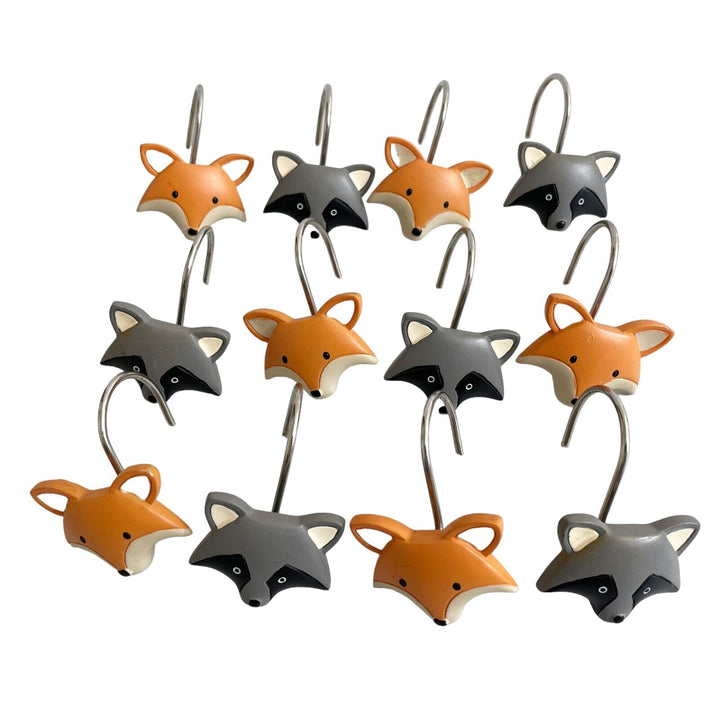 Shower Curtain Rings Hooks Fox Raccoon Woodland Creatures Animals Set of 12